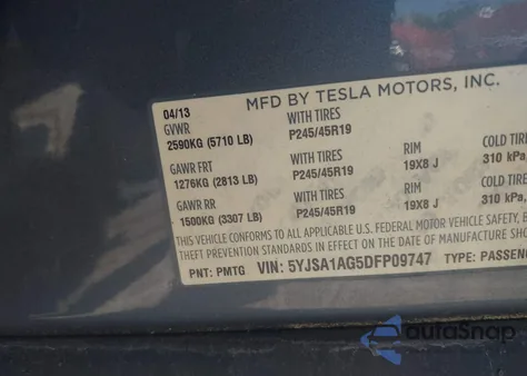 2013 Tesla Model S из США, поврежденный, VIN 5YJSA1AG5DFP09747